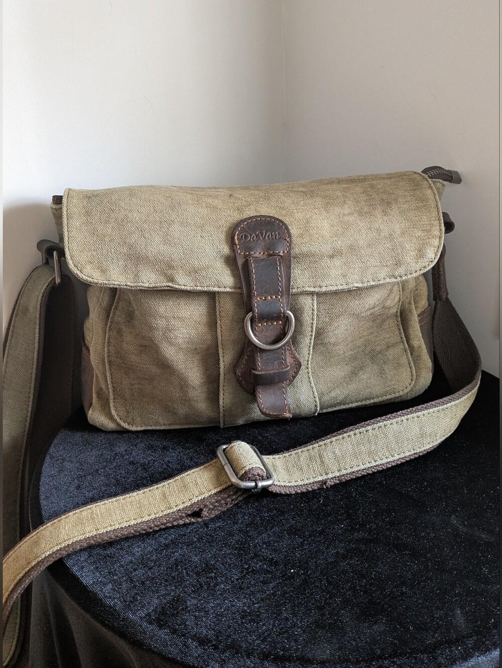DaVan Olive Canvas Messenger Bag with Brown Genuine Leather Trim